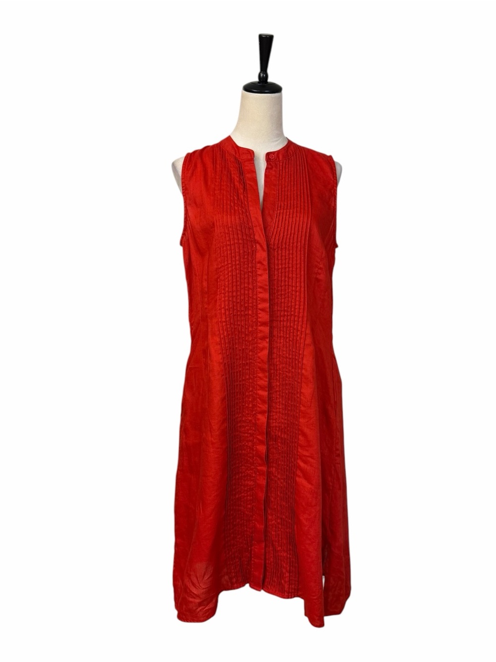 TravelSmith Linen Dress Size 12 Sleeveless Pintuck Pockets Red Shirtdress Midi